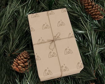 Papel de regalo para el Nacimiento, papel de regalo cristiano minimalista, decoración navideña moderna y neutra, papel marrón con diseño de líneas para el Nacimiento.
