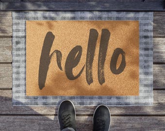 Felpudo minimalista de Hello, alfombra de entrada moderna de estilo rústico, decoración neutra para exteriores.
