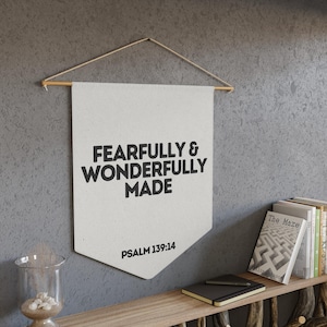Fearfully & Wonderfully Made Wall Banner, Psalm 139:14 Christian Nursery Decor, Minimalist Bible Verse Canvas Flag