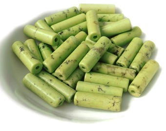 De-stash: Bright Lime Green Chalk Turquoise Beads, Thin Tube Shape,  13mm, approx 16", 30 pcs