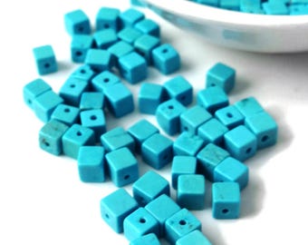 De-stash: Tiny Bright Aqua Chalk Turquoise Beads, Cube Shape 4mm, total 8", 50 pcs