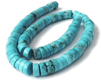 De-stash: Bright Aqua Chalk Turquoise Beads, Heishi Round Shape, 9mm x 3mm, 16" strand