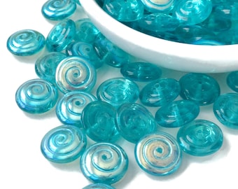 De-stash: 75pcs of Aqua Glass Beads with AB Finish, Disk Coin Shape, 13mm dia