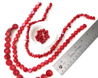 De-stash: Mix Lot Red Coral (D) Beads, 10mm and 15mm Coin Shape, Red Coral Chips