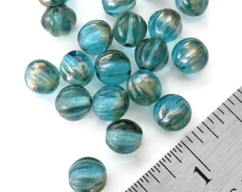 De-stash: 19 pcs Vintage Aqua Celsian Glass Beads, Fluted Texture, 8mm Round