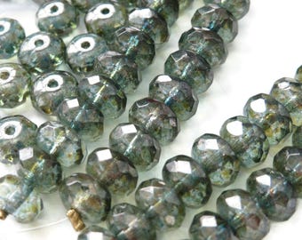 40 pcs Earthy Green Luster Fire Polished Faceted Glass Beads, 4x7mm Rondelles