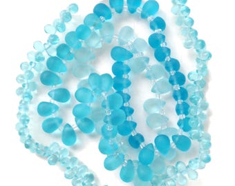De-stash: Mix Lot of Tropical Beach Glass Drop Beads in Shades of Aqua, 4x6mm and 6x9mm