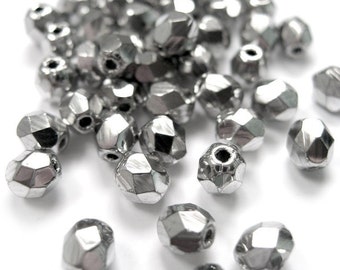 100pcs Metallic Silver Coated Fire Polished Faceted Glass Beads, Preciosa Czech Beads
