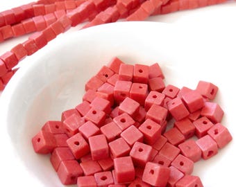 De-stash: Salmon Pink - Red Coral Beads (S), 4mm Small Cube Shape, By the Strand