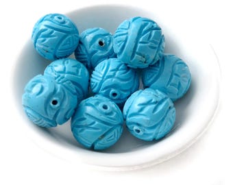 De-stash: 10 pcs Aqua Chalk Turquoise Carved Beads, Asian-Inspired, 14mm