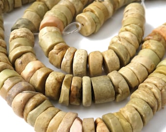 De-stash: 2 Strands Earthy Textured Yellow Turquoise Beads, Heishi Round Shape, 9-10mm, 26" total