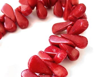 De-stash: Red Coral (D) Beads, 12mm Thin Teardrop Shape, 16" strand
