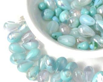 De-stash: 155 pcs Mix Lot Tropical Beach Glass Drop Beads, Seafoam Aqua, 4x6mm and 6x9mm