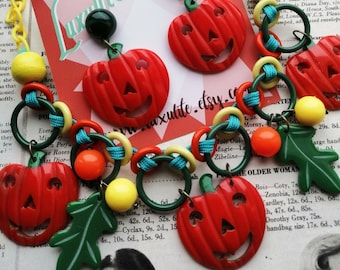 Happy Pumpkin Necklace!  Vintage-inspired opaque bakelite fakelite Jack O Lantern Halloween necklace and optional matching  earrings