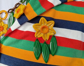 New! Dreaming of Daffodils 1940s inspired cascade brooch and earrings - bakelite spring style by Luxulite