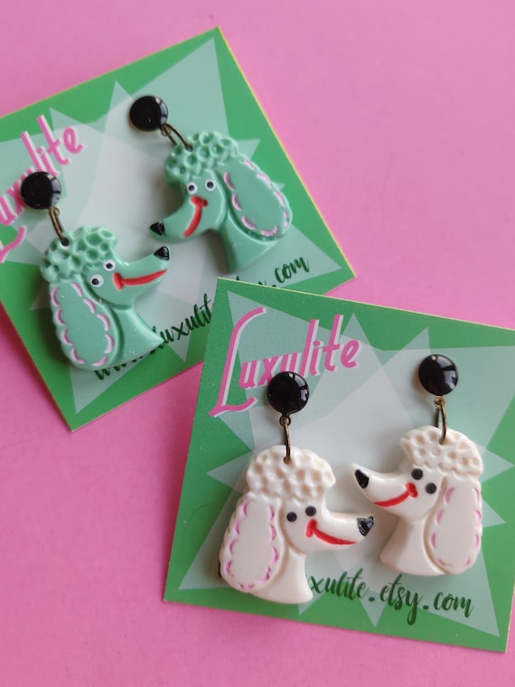 Poodle Parade!  - white or peppermint poodle earrings - Vintage kitsch by Luxulite