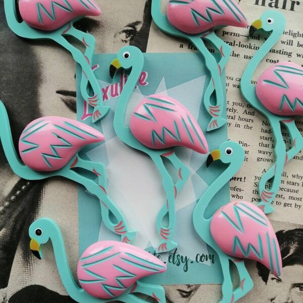 Fabulous Flamingo - mint and pink jumbo Fakelite Bakelite 1940's 50's inspired Flamingo brooch by Luxulite