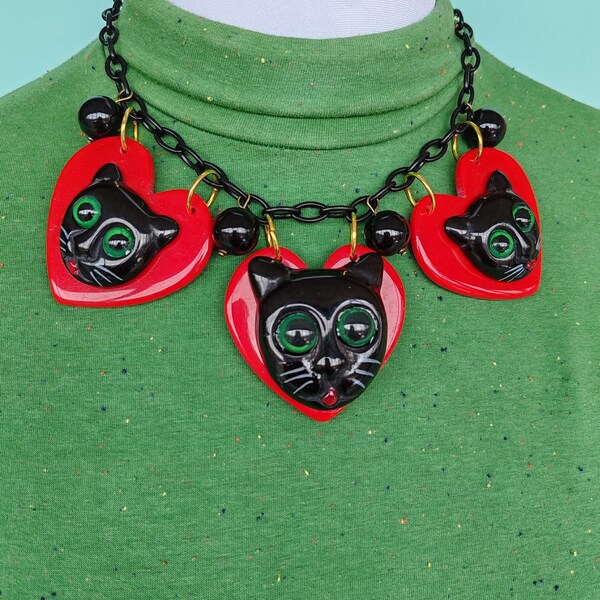 Big Cats and hearts Necklace! Extra chunky vintage-inspired bakelite fakelite  statement jewellery- 1940's 50's style by Luxulite