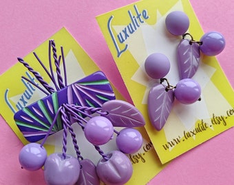 Chunky Cherry Jubilee lilac brooch and optional matching earrings- bakelite fakelite - 1940's 50's style