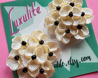 XL Pearly Petals - Massive late 1950s 60s style cream pearl flowers handmade earrings by Luxulite