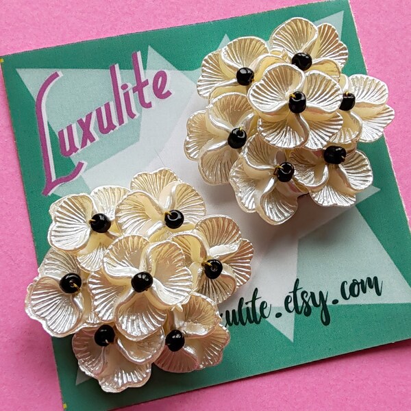 XL Pearly Petals - Massive late 1950s 60s style cream pearl flowers handmade earrings by Luxulite
