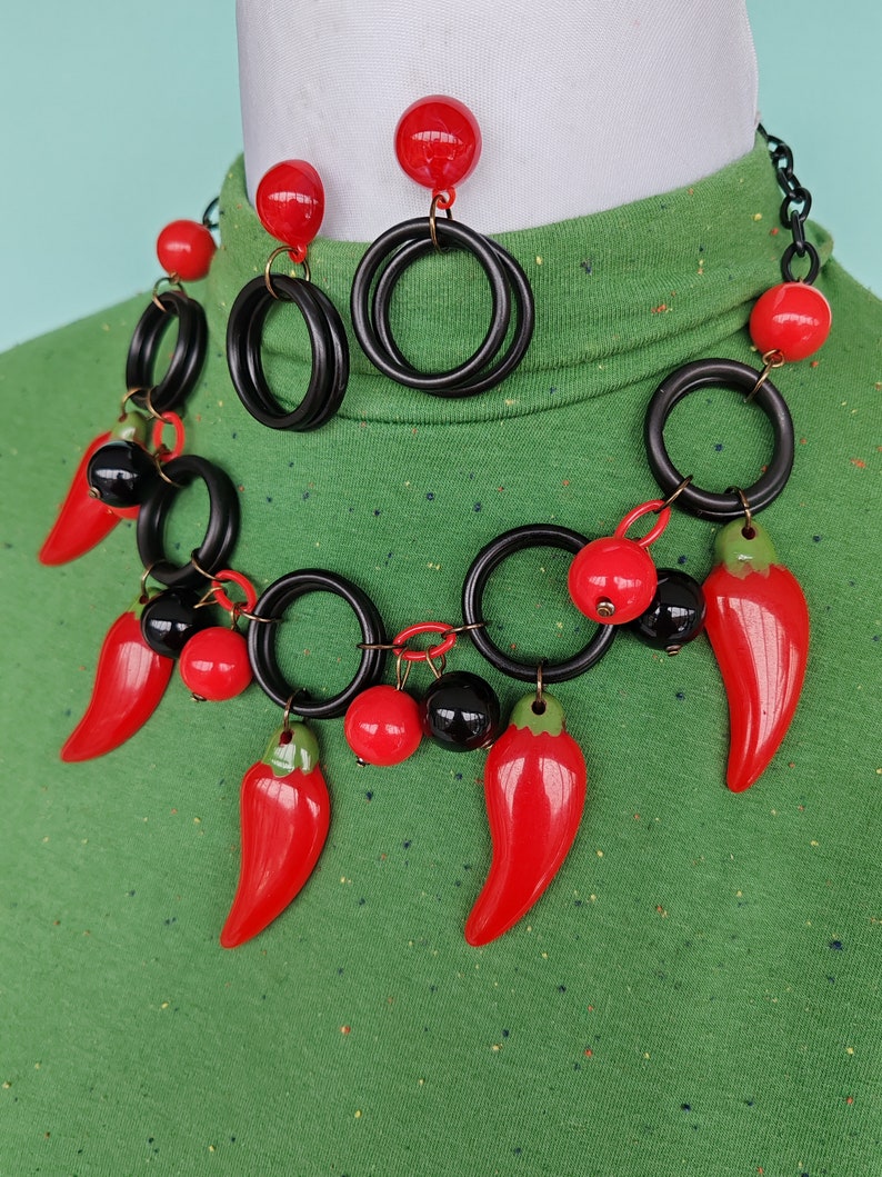 Red Hot Chillis Red and black 1940s 50s carved bakelite fakelite style novelty Chilli necklace and earrings by Luxulite image 5