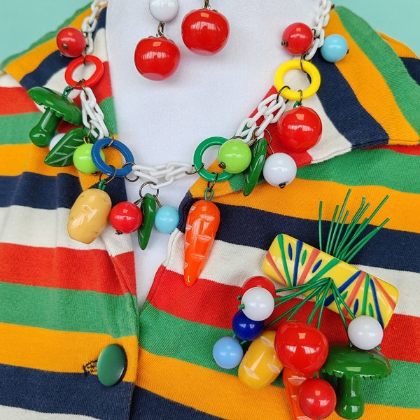 Veggie Delight Necklace! - Handmade 1940s style - Bakelite Fakelite colourful novelty vegetables necklace and optional earrings by Luxulite