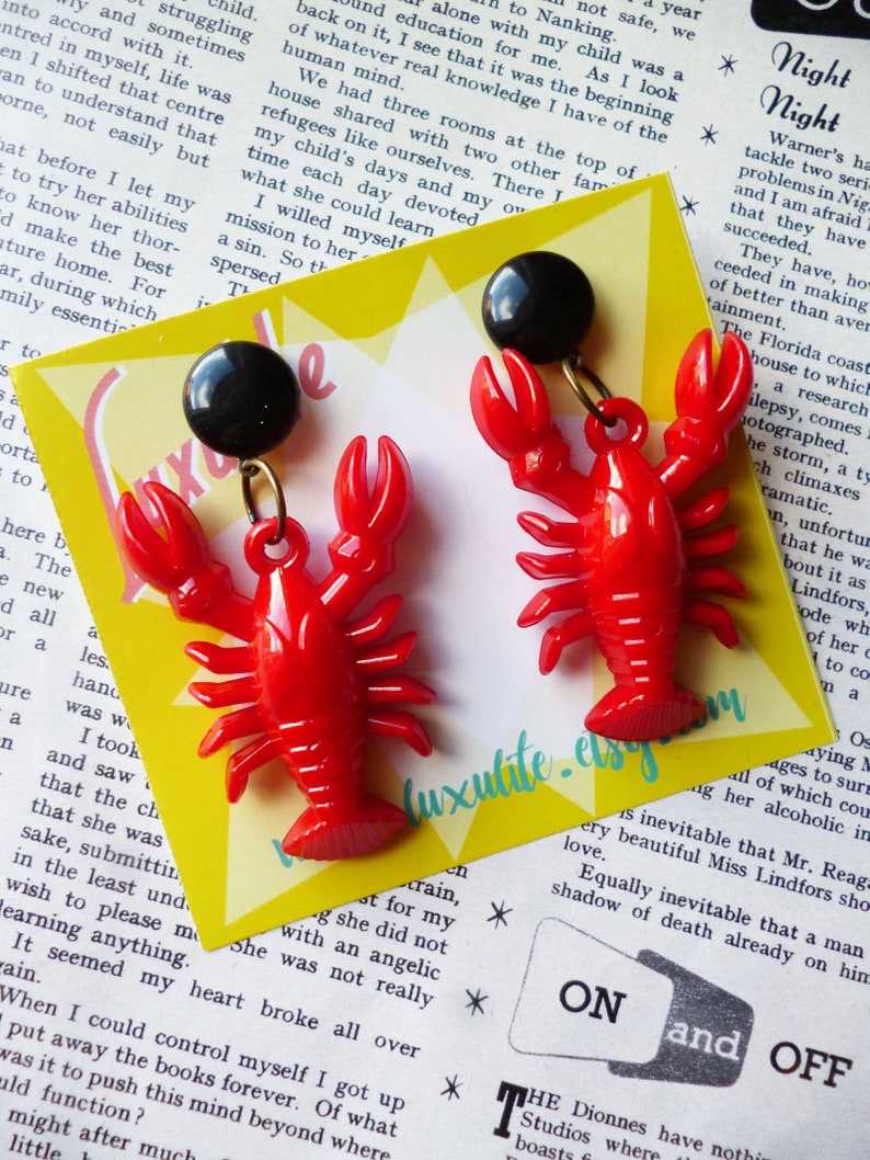 Classic Luxulite Novelty Red Lobster Earrings 1940's vintage inspired earrings handmade by Luxulite Black