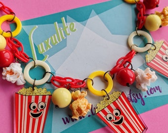 Necklace - Poppin' popcorn! Handmade 1940s 50s style novelty movie night necklace by Luxulite