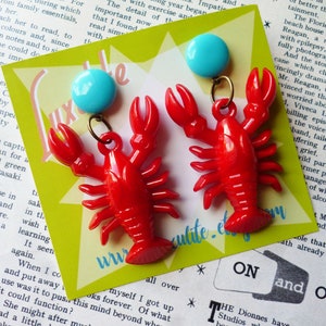 Classic Luxulite Novelty Red Lobster Earrings 1940's vintage inspired earrings handmade by Luxulite Light Blue