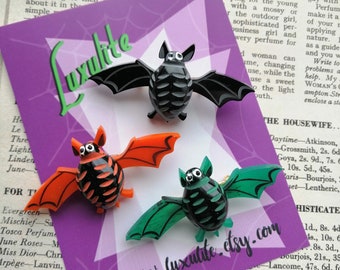 TRIO of mini Bat pins! Black orange and green - 1940s 50s bakelite inspired fakelite Batty Bat brooch by Luxulite