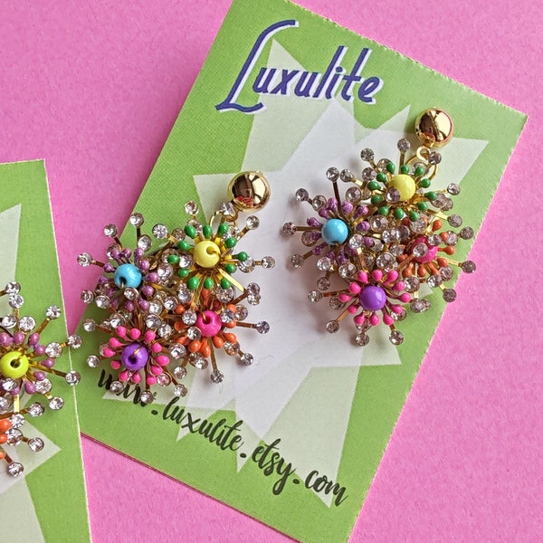 XL Hollywood Starburst dangly Earrings! 1950s style colourful sparkly handmade earrings by Luxulite