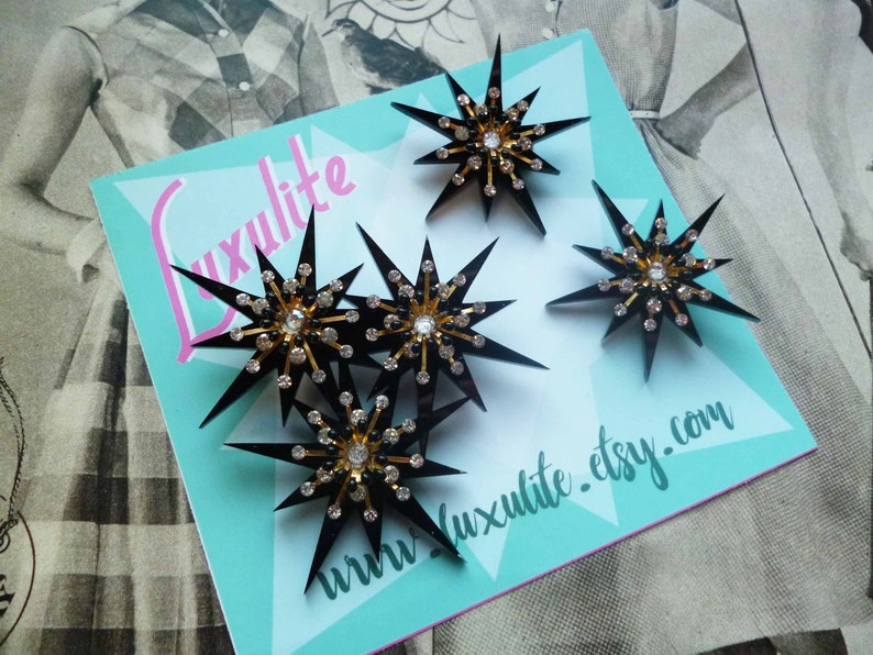 vintage inspired pinup jewels by Luxulite Black Starburst Sparkle atomic starburst design XL statement scatter brooch set