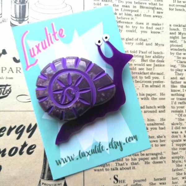Purple Snail friend- novelty 1940's bakelite fakelite style large snail pin by Luxulite