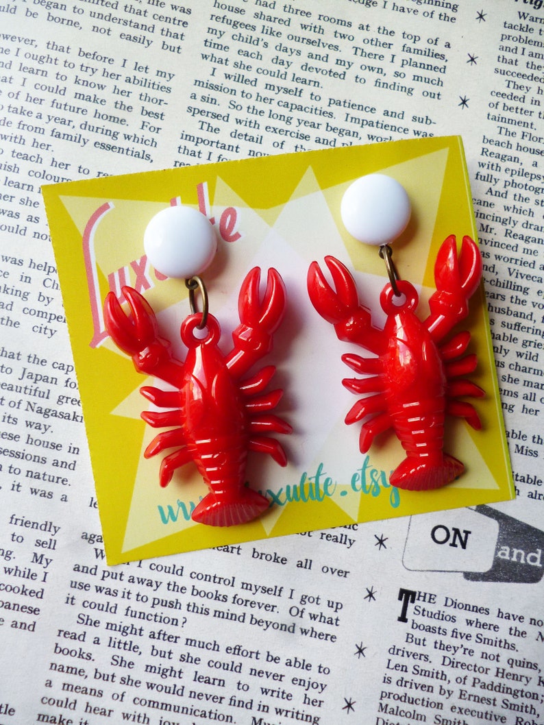 Classic Luxulite Novelty Red Lobster Earrings 1940's vintage inspired earrings handmade by Luxulite White