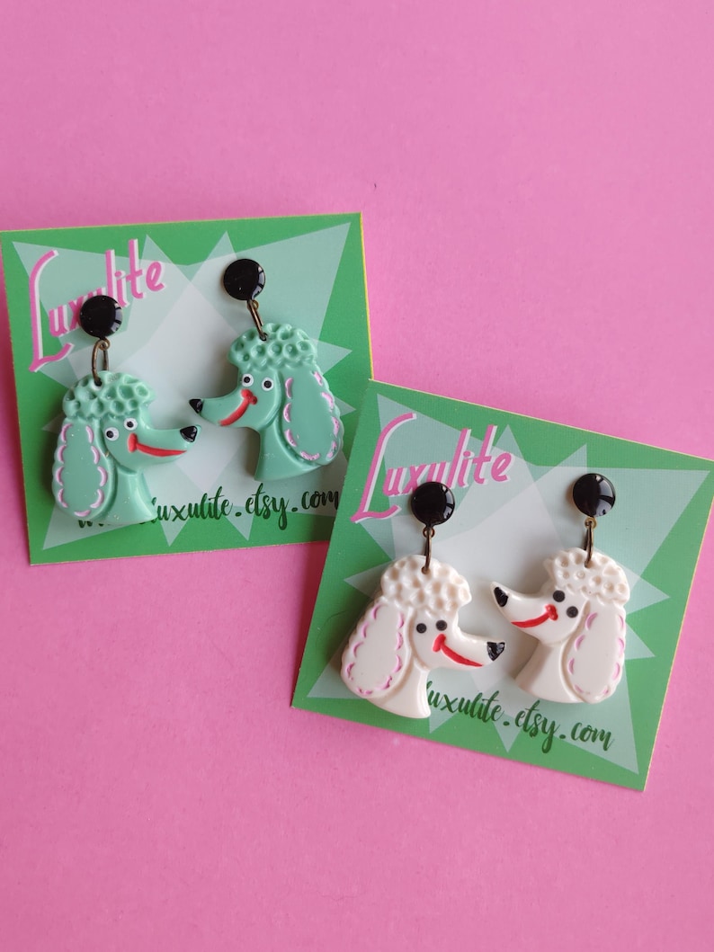 Poodle Parade! - white or peppermint poodle earrings - Vintage kitsch by Luxulite image 3