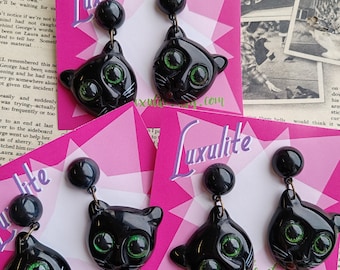 Big Cat Earrings!  Vintage-inspired bakelite fakelite black cat statement jewellery- 1940's 50's style by Luxulite