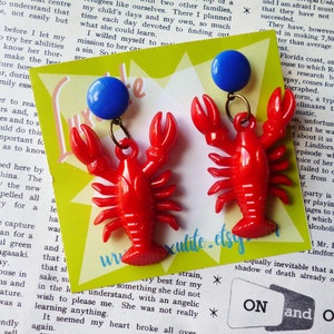 Classic Luxulite Novelty Red Lobster Earrings 1940's vintage inspired earrings handmade by Luxulite Dark Blue