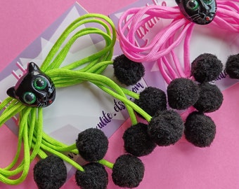 Lime or Pink Pussy Bow brooch!  Vintage-inspired bakelite fakelite black cat statement pom pom brooch- 1940's 50's style by Luxulite
