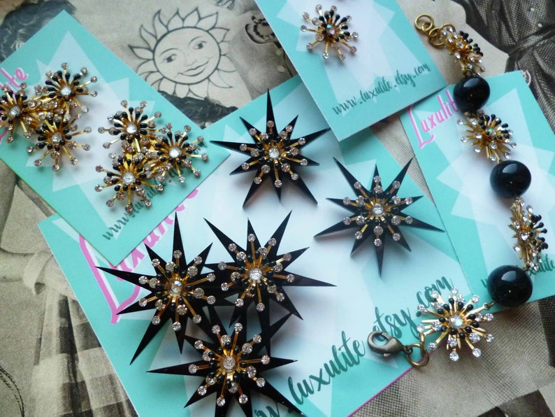 vintage inspired pinup jewels by Luxulite Black Starburst Sparkle atomic starburst design XL statement scatter brooch set