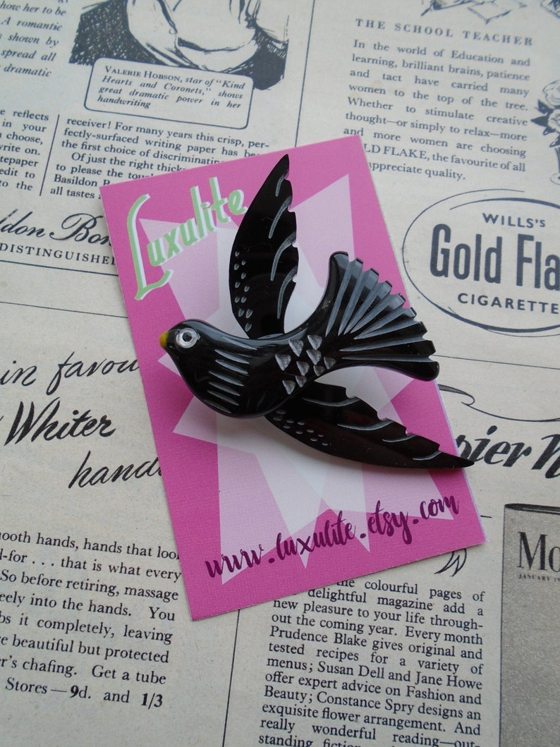 Blackbird Vintage Inspired Bird Brooch by Luxulite 1940s 50s Etsy