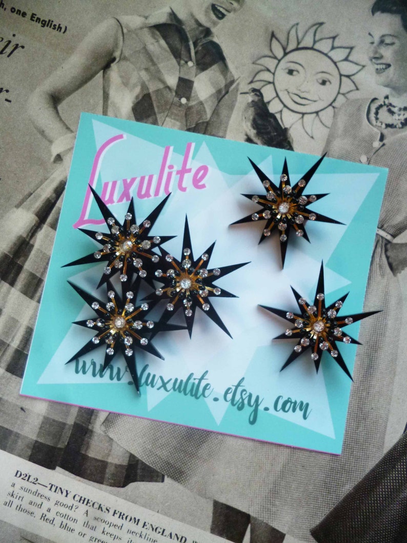 vintage inspired pinup jewels by Luxulite Black Starburst Sparkle atomic starburst design XL statement scatter brooch set