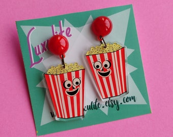 Earrings - Poppin' popcorn! Handmade 1940s 50s style novelty movie night pierced or clip-on earrings by Luxulite