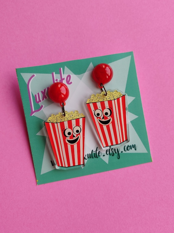 Earrings - Poppin' popcorn! Handmade 1940s 50s style novelty movie night pierced or clip-on earrings by Luxulite