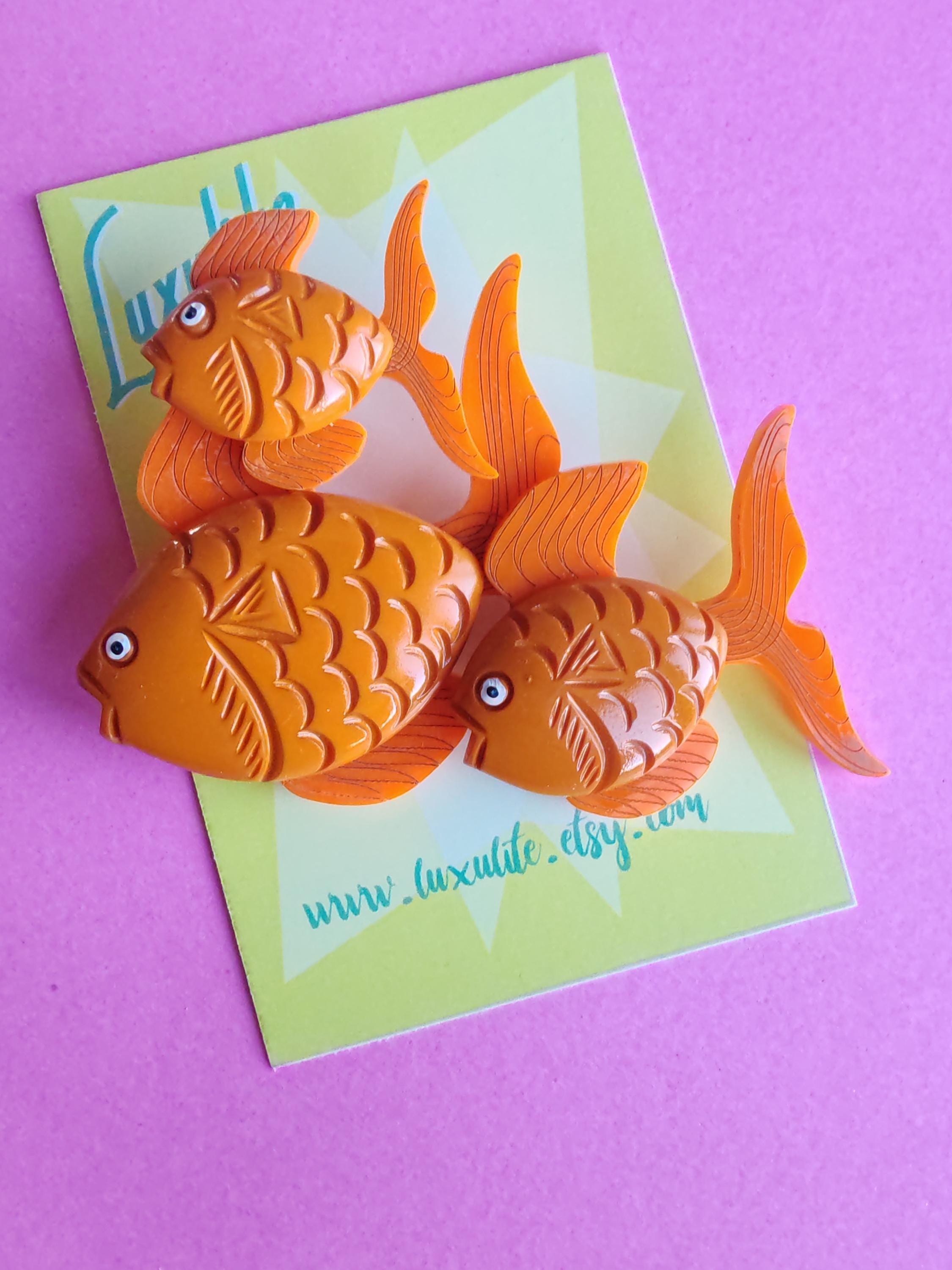 Orange Fishies Necklace Earrings & Brooch Separates! - Handmade 1940s ...