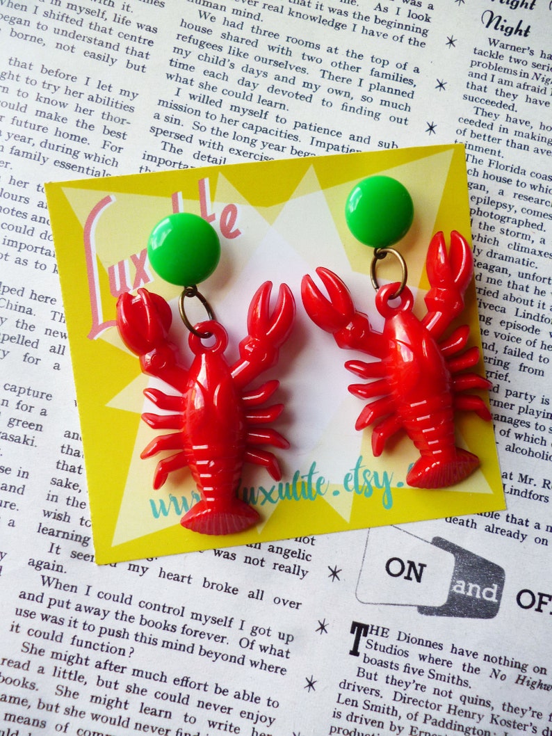 Classic Luxulite Novelty Red Lobster Earrings 1940's vintage inspired earrings handmade by Luxulite Green