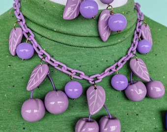 Chunky Cherry Jubilee lilac necklace and optional matching earrings- bakelite fakelite - 1940's 50's style