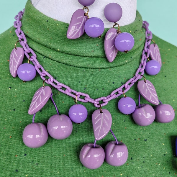 Chunky Cherry Jubilee lilac necklace and optional matching earrings- bakelite fakelite - 1940's 50's style