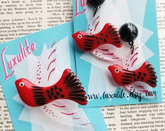 New! Red black and clear vintage inspired Bird brooch and earrings by Luxulite - 1940s 50s bakelite fakelite style