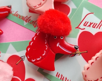 Poodle Parade!  - fluffy red or pink poodle brooch - Vintage kitsch by Luxulite